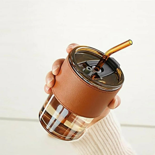 Glass Tumbler with Lid & Glass Straw Pack of 1, 450ml