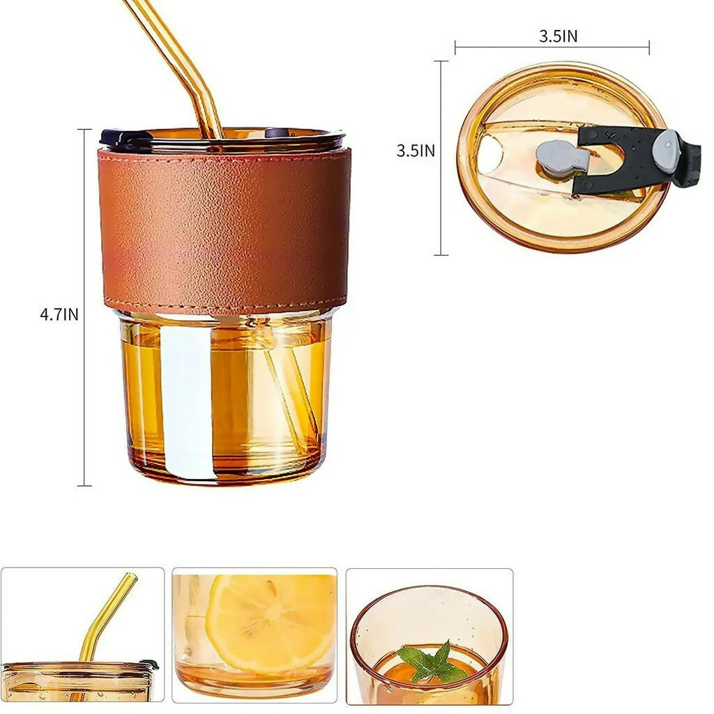 Glass Tumbler with Lid & Glass Straw Pack of 1, 450ml